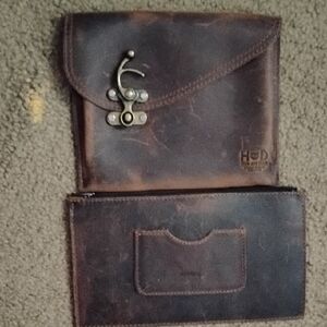 Vintage Style Leather Pouch And Wallet with Brass Accent
